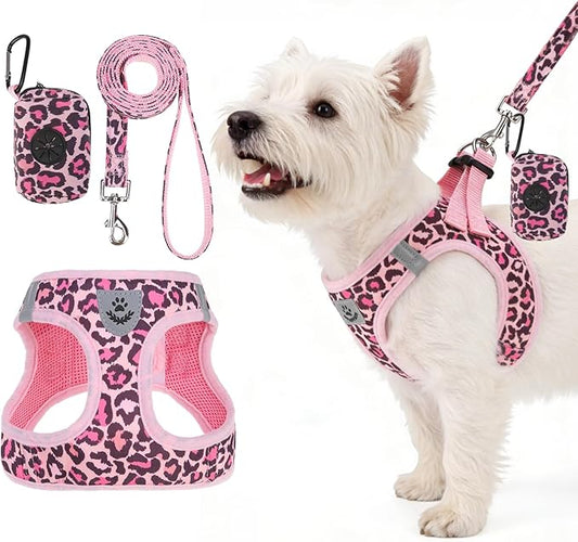 PAWCHIE Dog Harness and Leash Set,Step in No Pull Soft Pet Harness, Reflective Adjustable Puppy Vest for Small Medium Dogs Cats,No Choke Harness Vest with Poop Bag Holder for Walking,Running,Leopard S