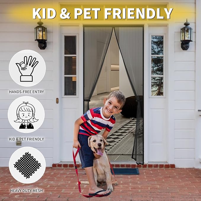 Magnetic Screen Door - Fit for Door Size: 30x80 Inch, Screen Itself Size: 32"x82", Hands Free Mesh Partition,Heavy Duty Screen Door Mesh Curtain Keeps Bugs Out, Frame Hook & Loop, Pet and Kid Friendly