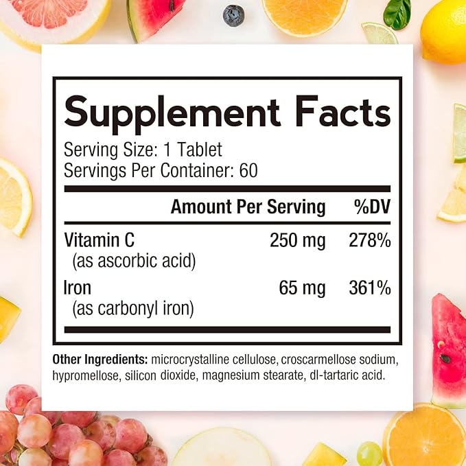 Doctor's Recipes Iron Supplement 65 mg with Vitamin C - Maximized Absorption, Stomach Friendly & High Potency Iron Pills for Red Blood Cells Formation & Immunity Health - Vegan Non-GMO 60 Iron Tablets