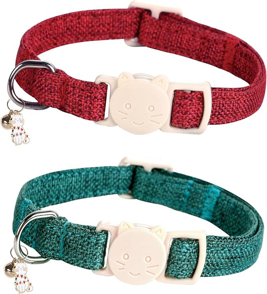Christmas Cat Collar-2 Pack Cat Collar Red and Green Linnet with Kitten and Bell Pendant Safety Buckle Adjustable Pet Collar Suitable for Cats Gift to Cats and Small Pets