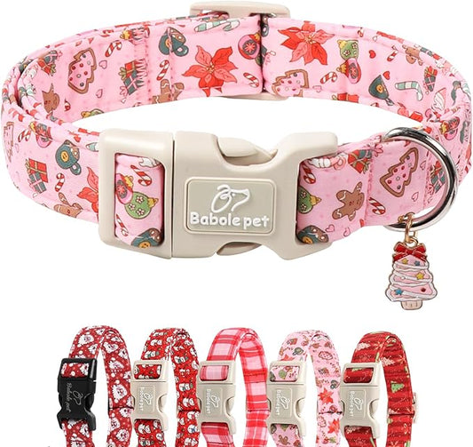 Christmas Dog Collar - Cute Pink Cozy Christmas Puppy Collar with Safety Buckle, Soft Adjustable Holiday Dog Collars for Small Medium Large Dogs M