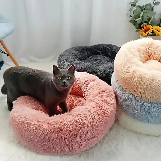 Calming Dog Bed for Small Dogs, Calming Donut Cuddler Pet Bed Anti Anxiety Round Dog Bed Fluffy Plush Faux Fur Cat Bed,Pink,15.7IN