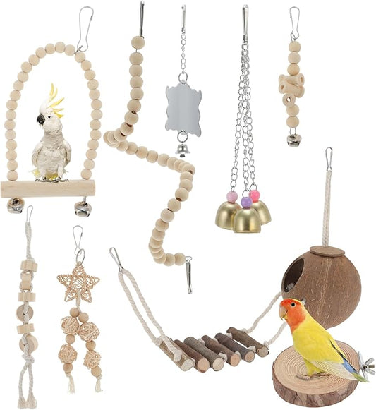 9pcs Cockatiel Toys, Interactive Bird Toy, Parrot Toys, Parrots Chewing Wood and Rope Bird Cage Accessories for Parakeets Cockatiel Wood Color