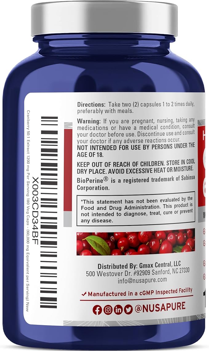 NusaPure Cranberry 60,000 mg 180 Veg Caps (Bioperine, Non-GMO, Vegan)