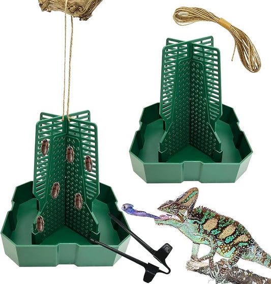 Chameleon Feeding Bowl Hanging Bearded Dragon Feeder Bug Bowls with Rope and Tweezers Mounted Insect Reptile Feeder Box for Lizard Gecko Frog (Green,Small)
