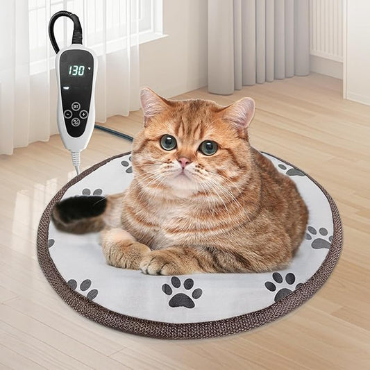 Cat Heating Pad Round with Smart Thermostat Switch and Power Line Protection Tube,Obtained MET and UL Dual Certification,Waterproof Pet Heating Pad for Cats-Paw Print