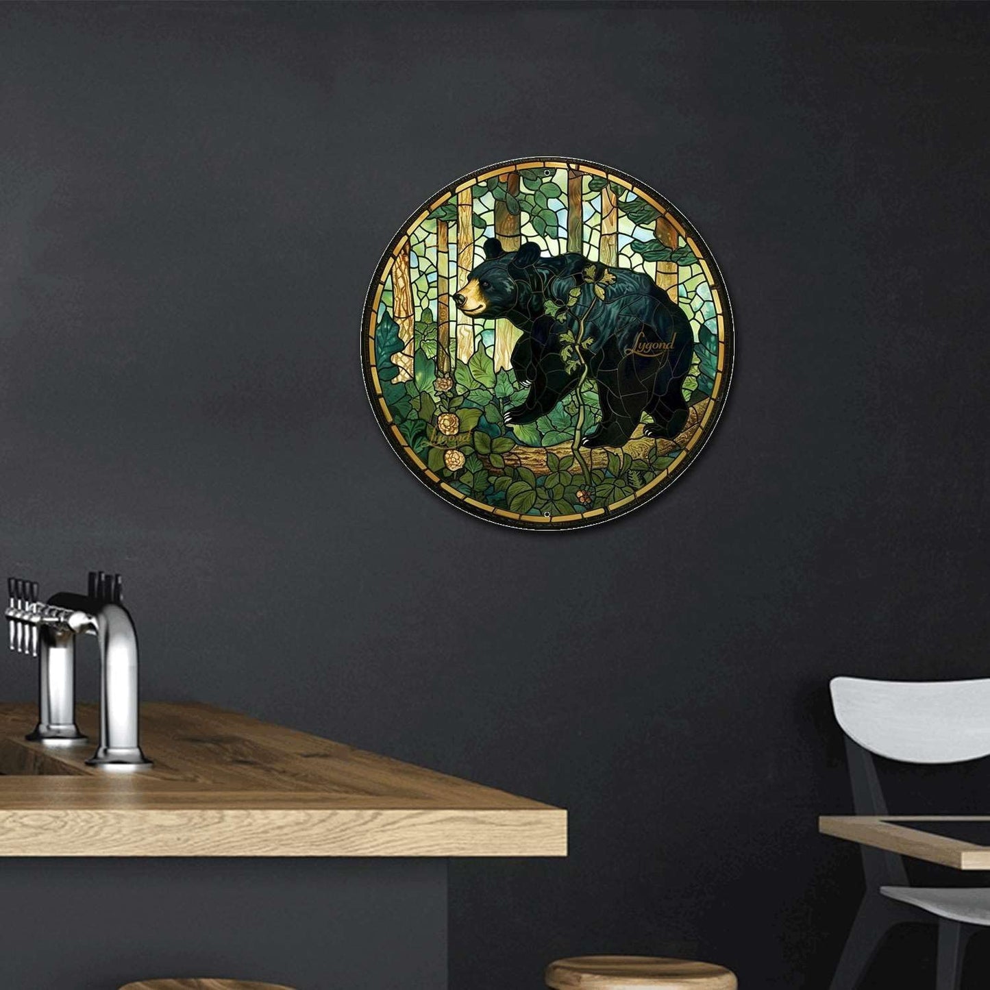 Lygond Metal Sign Tin Sign Circular Stained Glass American Black Bear Minimalist Wall Art for Garage 8×8 Inches
