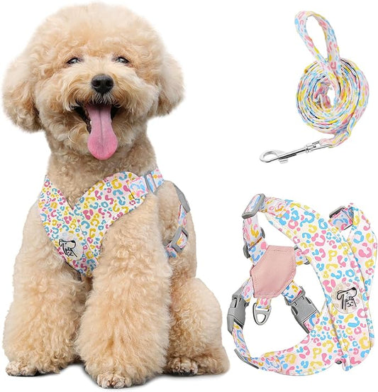 Pawaboo Small Dog Harness and Leash Set, Puppy Harness X-Frame No Pull No Choke, Dog Vest Harnesses Adjustable for Small Medium Sized Dogs,Soft Breathable Pet Harnesses, M, Colorful Leopard