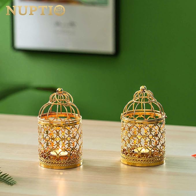 2 Pcs Small Metal Tealight Hanging Birdcage Lantern, Vintage Decorative Centerpieces of Wedding, Party, Gold