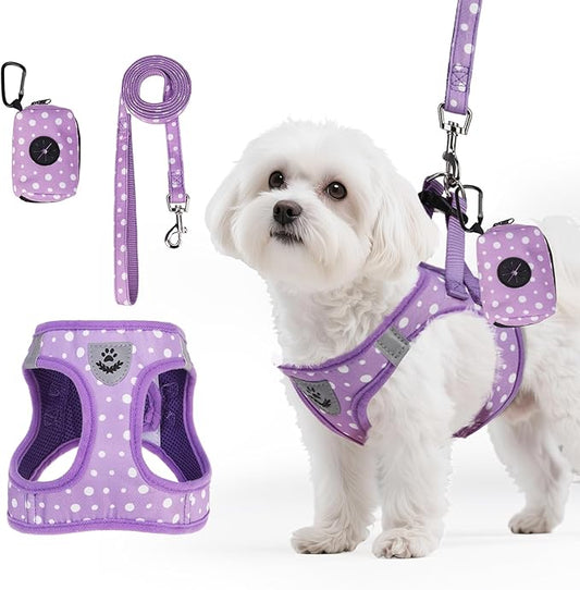 PAWCHIE Dog Harness and Leash Set, Step in No Pull Soft Pet Harness, Reflective Adjustable Puppy Vest for Small Medium Dogs Cats,No Choke Harness Vest with Poop Bag Holder for Walking,Running,Purple M