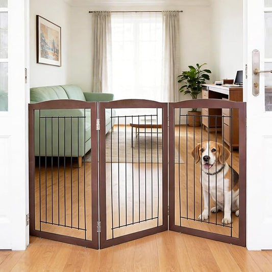 ZJSF Freestanding Foldable Dog Gate for House Extra Wide Wooden Brown Puppy Gate Stairs Dog Gates Doorways Tall Pet Gate 32 "Height 3 Panels Pet Fence