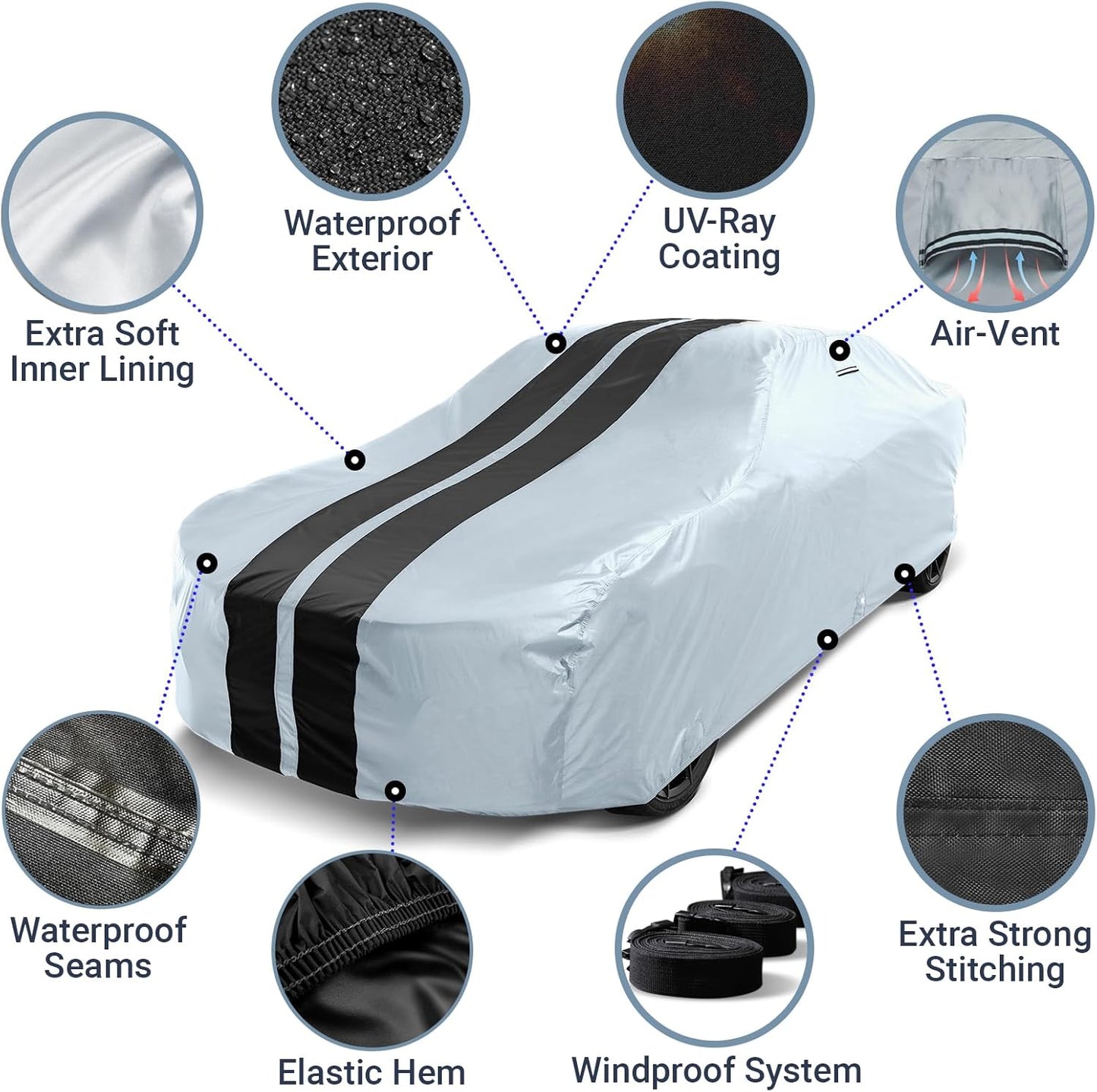 iCarCover Custom Car Cover for Pontiac GTO (1973) Waterproof All-Weather Rain Snow UV Sun Protector Full Exterior Indoor Outdoor Car Cover (Stripe - Gray/Black)