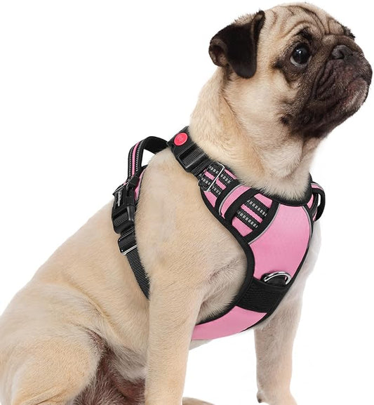 rabbitgoo Dog Harness Small Sized, No Pull Dog Vest with 3 Buckles, Adjustable Soft Padded Pet Harness with Easy Control Handle and Reflective Strips, Light Pink, S