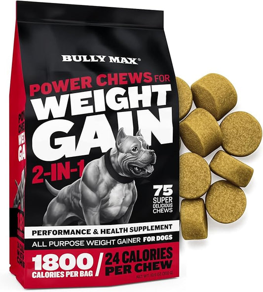 Bully Max Dog Weight Gainer Soft Chews for Puppies and Adults - High Calorie Dog Food Performance Supplements for Healthy Weight Gain, Immunity & Digestive Health - 75 Chews for All Breeds & Ages