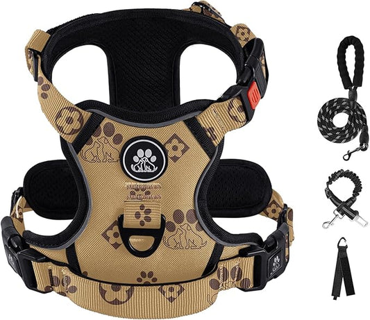 IVY&LANE No Pull Dog Harness with Leash Set, Reflective No Choke Pet Vest,Adjustable Oxford Dog Vest Harness with Easy Control Handle for Small Dogs (Light Brown,S)