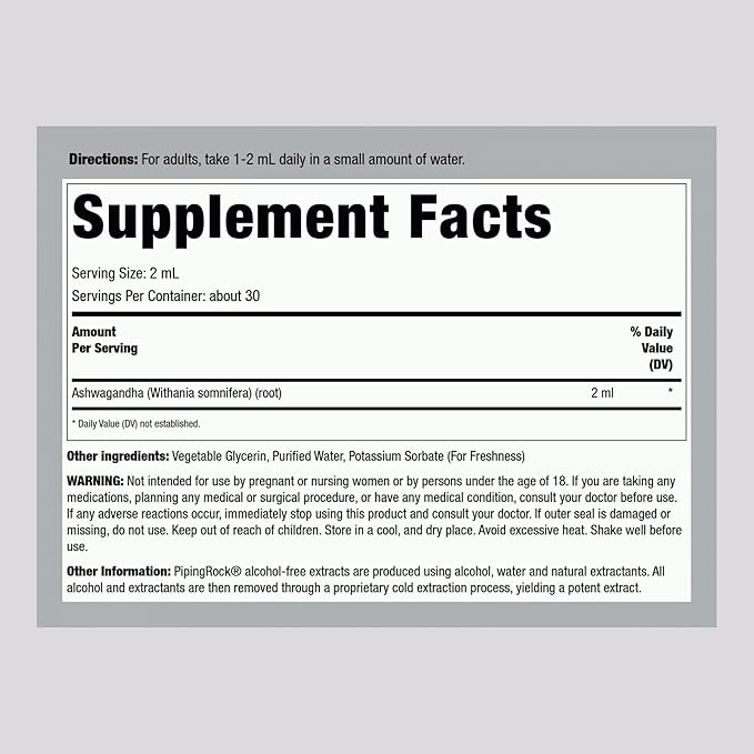 Piping Rock Ashwagandha Liquid Drops | 4 fl oz | Premium Herbal Root Extract | Alcohol Free Tincture | Vegetarian, Non-GMO, Gluten Free Supplement