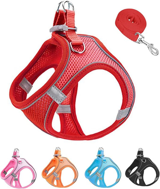 XS Red Soft Mesh Dog Harness and Leash Set,No Escape Puppy Harnesses for Training Walking， Reflective Adjustable Puppy Vest for Small Medium Dogs, Cats (Red, XS)