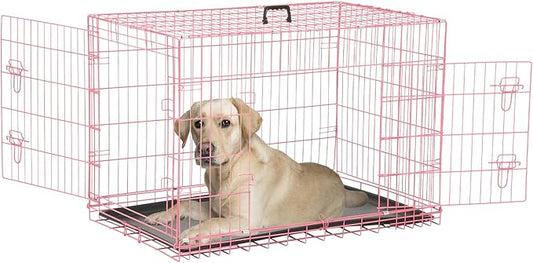 Dog Crate, Wire Kennel with Divider Panel, Metal Cages with Double Door, Leak-Proof Pan Tray, Folding Portable Pet Dog Cage for Indoor Outdoor Travel (Pink, 48")