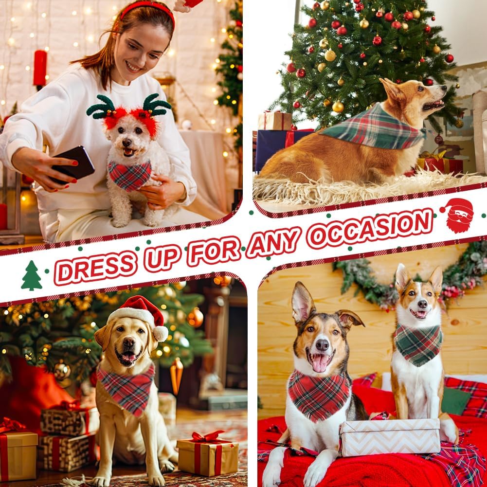 Vivifying Dog Christmas Bandana with Tassels Edges, 2 Pack Classic Plaid Triangle Dog Apparel & Accessories, Funny Holiday Pet Scarf Costume for Photo Prop, and Party Decor (Large, Red&Green)