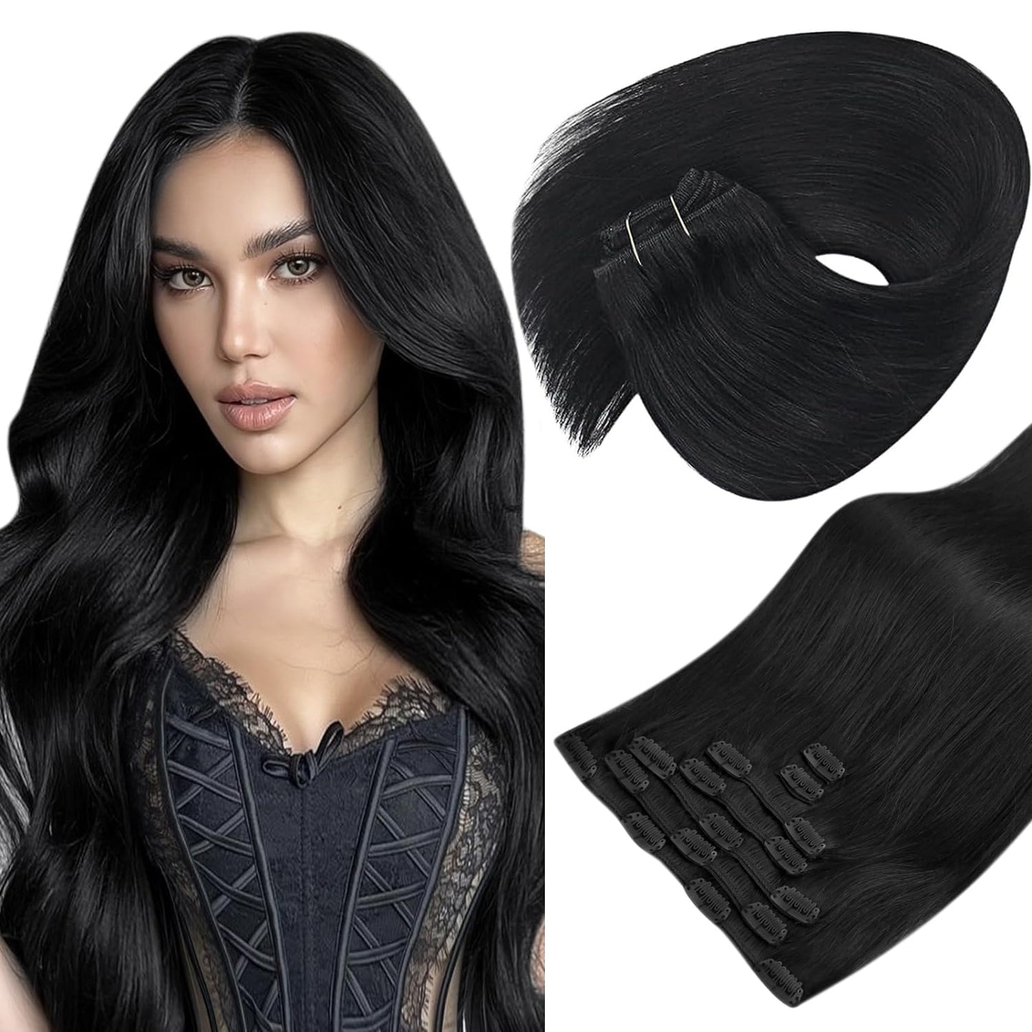 Sunny Clip In Hair Extensions Real Human Hair Black Hair Extensions Clip Ins #1B Natural Black Clip In Extensions Human Hair Bla