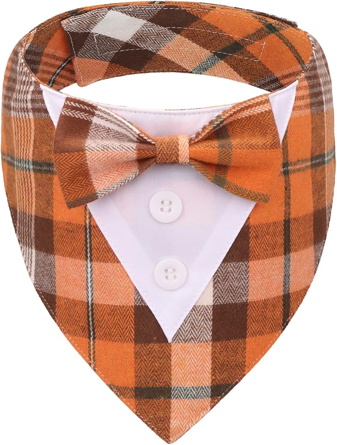 ADOGGYGO Fall Dog Tuxedo Bandana, Orange Plaid Pet Tux Collar with Bowtie, Adjustable Halloween Thanksgiving Formal Costume for Small Dogs Pets (S)