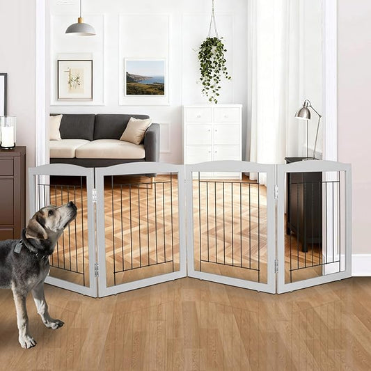 ZJSF Freestanding Foldable Dog Gate for House Extra Wide Wooden Grey Puppy Gate Stairs Dog Gates Doorways Tall Pet Gate 24" Height 4 Panels Pet Fence