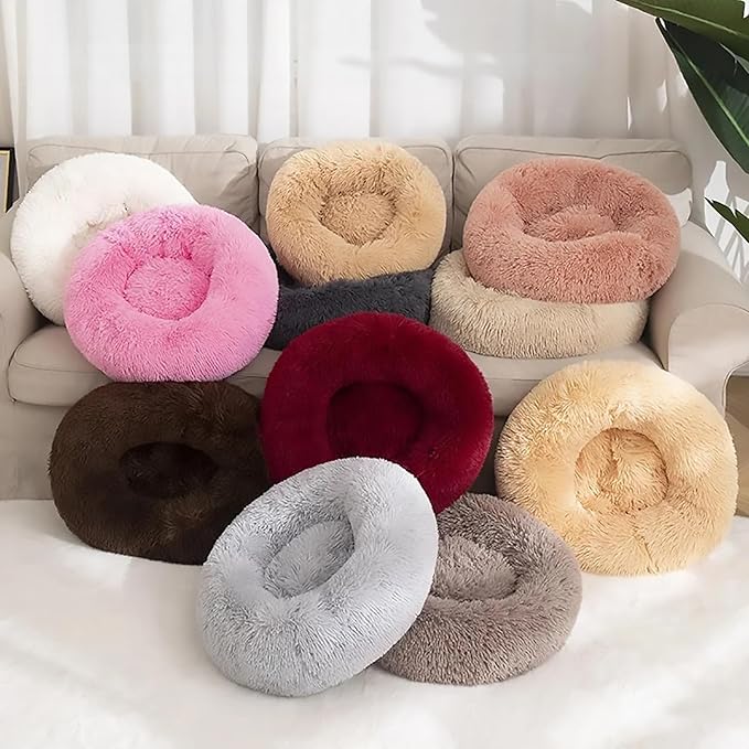 Calming Dog Bed for Small Dogs, Calming Donut Cuddler Pet Bed Anti Anxiety Round Dog Bed Fluffy Plush Faux Fur Cat Bed,Pink,27.5IN