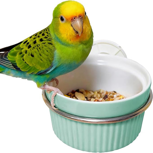 Ceramic Bird Feeder for Cage Bowl - Auto-Refill Easy Clean Dishwasher Safe Food Dish for Parrots Cockatiels & Small Birds
