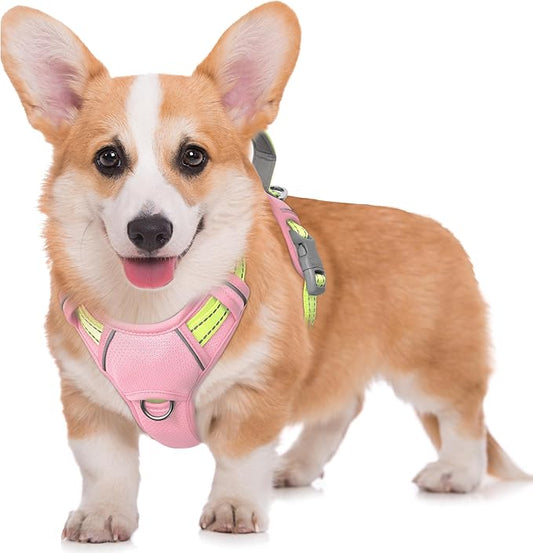 BARKBAY No Pull Dog Harness Large Reflective Dog Harness with Front Clip and Easy Control Handle for Walking Training Running with ID tag Pocket(Baby Pink & Sunlight,M)