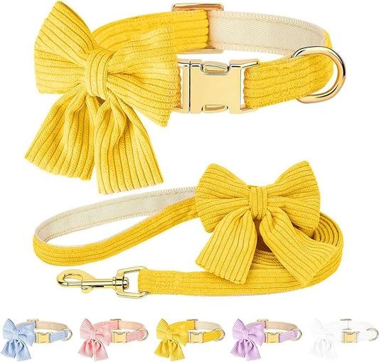 Dog Collar and Leash Set with Bowtie, Girl Dog Collars Metal Buckle Adjustable for Small Medium Dogs (Yellow, M: Neck 13"-22" Leash 5 FT)