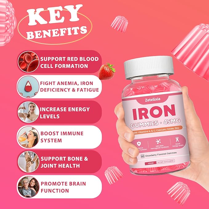 Vegan 2 Pack Iron Supplement Gummies for Women & Men, Anemia, Blood Builder & Energy Support for Iron Deficiency, with Vitamin C, A, B Complex, Folate, CoQ10, Sugar Free, Non-GMO, 120 Count