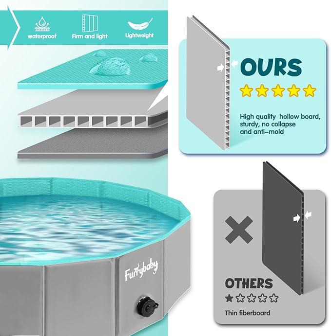 Furrybaby Dog Pool, Kiddie Pool with Hard Plate Collapsible Pet Bath Foldable Swimming Pet Pool Portable Grey 39''