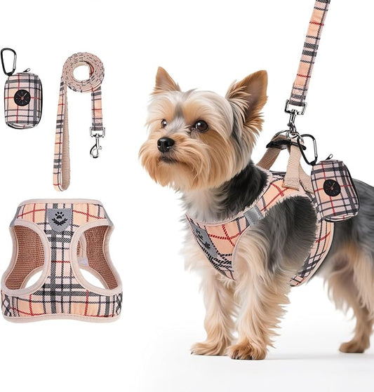 PAWCHIE Dog Harness and Leash Set, Step in No Pull Soft Pet Harness, Reflective Adjustable Puppy Vest for Small Medium Dogs Cats,No Choke Harness Vest with Poop Bag Holder for Walking,Running,Beige XS
