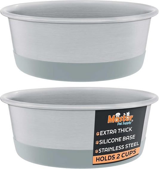 Master Pet Supply Stainless Steel Dog Bowls Set of 2 with Extra Thick Silicone Base - 2 Cup (16 oz) Graphite, Non-Slip, Dishwasher Safe Metal Bowls, Pet Dog Food Bowl for Dogs, Cats, Anti Rust