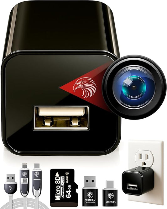 DIVINEEAGLE 1080p Dome Cam, Motion Detection, microSD Slot, Easy Setup, App-Free, No Live View-Data Protected, Video-Only - Plug-in Premium Reliable Pet Camera for Pet Nanny Use, with 64GB Card