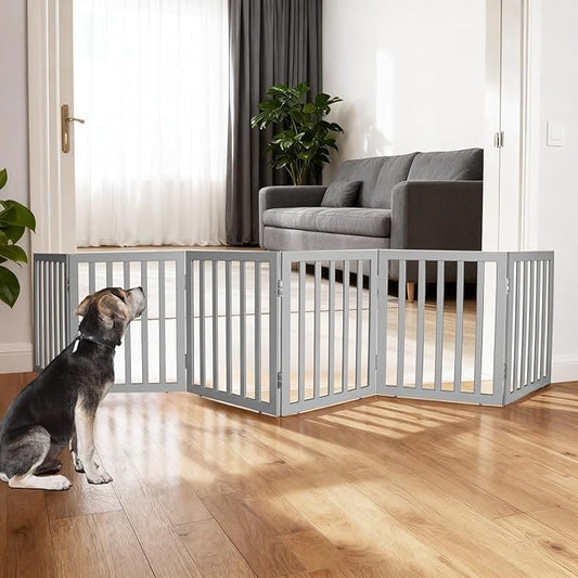 ZJSF Freestanding Indoor Dog Gate for House Foldable Wood Grey Puppy Gate for Doorways Pet Gate for Stairs Extra Wide Pet Fence 24" Height 6 Panels