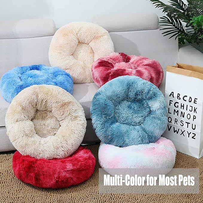 Calming Faux Fur Dog Beds Calming Donut Cuddler Dog Bed Washable Round Cat Bed Pillow Cuddler Fluffy Indoor Dog Calming Beds with Anti Slip Bottom Solid Color Blue 20 Inch