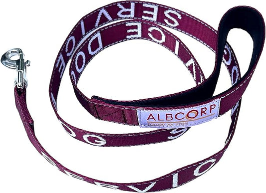 Albcorp Service Dog Leash - Embroidered- with Padded Neoprene Handle and Reflective Threads, 4 Feet, for Harnesses, Vests or Collars, Maroon