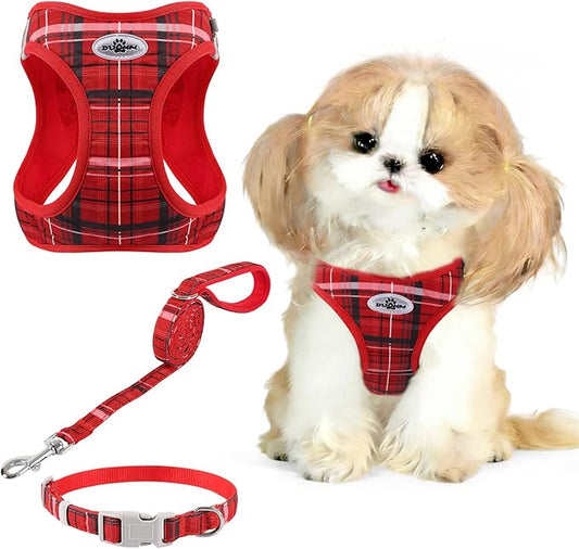 Gyuzh Dog Harness and Leash Set, 3-in-1 Step in No Pull Harness Vest Collar for Small Dogs & Cats, Lightweight Breathable Mesh Reflective Plaid with Padded Handle (Red, L)