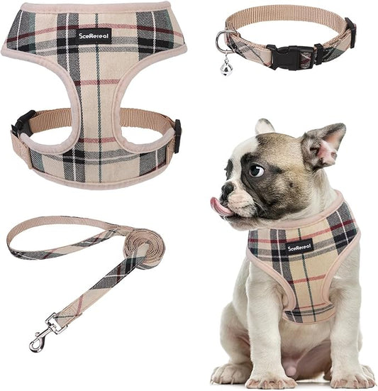 SCENEREAL No Pull Dog Harness Collar and Leash Set for Small Sized Dogs, Soft Mesh Plaid Harnesses for Fall Winter, Adjustable Pet Vest for Outdoor Walking Training and Running