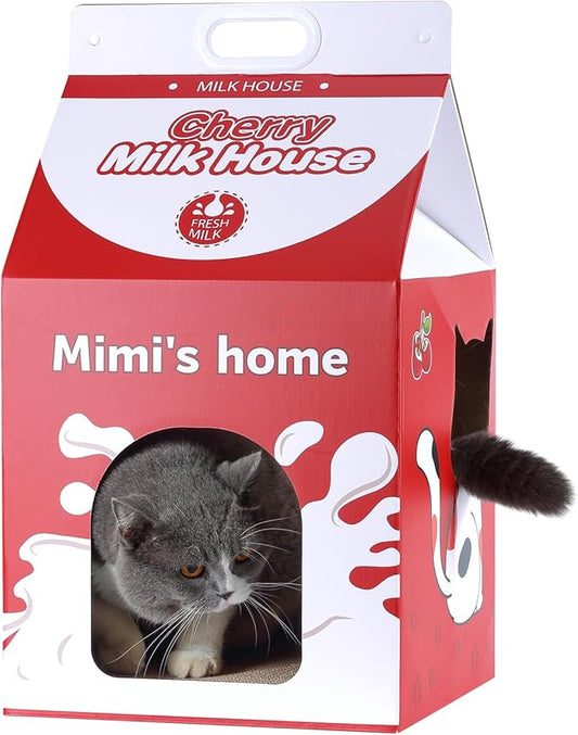 Cardboard Cat House with Scratcher - Red Cherry Carton Milk Box -13''L x 13''W x 22.5''H for Cats up to 16 Lbs - Portable Handle for Easy Transportation - Indoor Cat Playhouse & Hideaway