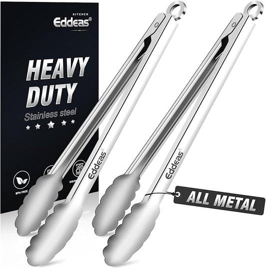 2PCS 12inch Kitchen Tongs - Heat Resistant 600 Degree Tongs for Cooking, Heavy Duty All Metal Food Tongs, Stainless Steel and Non-Slip handle, Salad, Grilling, Barbecue, Dishwasher safe