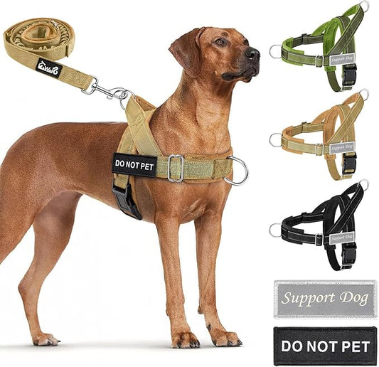 SlowTon No Pull Dog Harness - Heavy Duty Dog Harness and Leash Set for Medium Large Dogs, Reflective Tactical Harness with Soft Padded and Front Clip for Easy Walk and Training (Tan S)