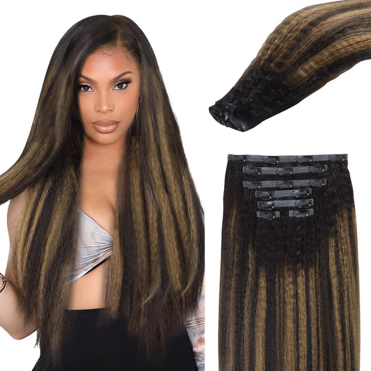 Lashey Kinky Straight Human Hair Clip In Extensions 110G 7Pcs Seamless Clip In Hair Extensions Human Hair 20 Inch Natural Black
