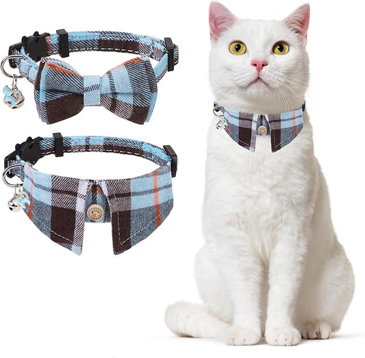 Cat Collar with Bells Breakaway, Bowtie Cat Collar for Boy Girl Cats with Removable Shirt Collar, Cute Plaid Kitten Collar with Bell & Pendant Adjustable, 2 Pack Blue Cat Necklace for Cat Pet