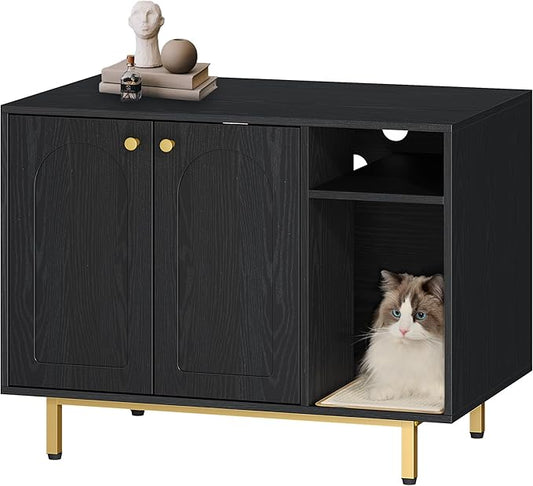 Cat Litter Box Enclosure Enclosed, Hidden Litter Box Cabinet Furniture with Storage, Wooden Indoor Cat House Large, Modern End Table for Living Room Entryway, Black and Gold CB01504G