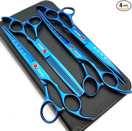 KINGSTAR 7.0in Titanium Blue Professional Pet Grooming Scissors Set,Straight & Thinning & Curved Scissors 4pcs Set for Dog Grooming,(Blue)