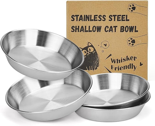 4-Pack Stainless Steel Cat Food Bowls, Shallow Whisker-Friendly Non-Slip Silicone Base Metal Dishes, Easy to Clean Indoor Water Flat Plates for Cat, Kitten, Small Dog (5.9")
