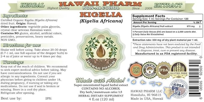 Kigelia Alcohol-Free Liquid Extract, Kigelia (Kigelia Africana) Dried Fruit Glycerite Hawaii Pharm Natural Herbal Supplement 15x4 oz