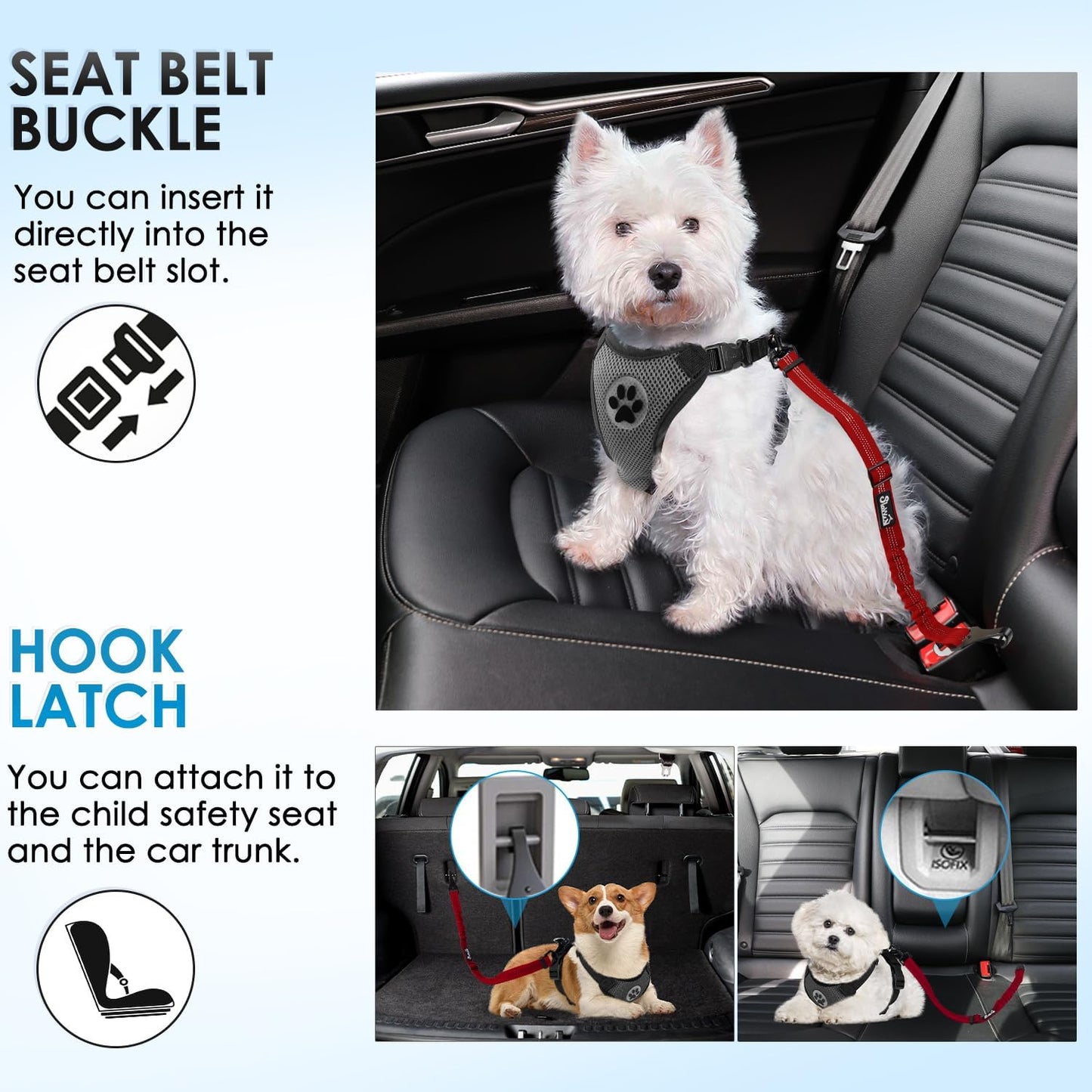 Lukovee Dog Seatbelt Leash for Cars, 2 Pack Pet Safety Seat Belt with Adjustable Buckle & Reflective Bungee, Connect Dog Harness in Vehicle Dogs Restraint Travel Daily Use (Red)